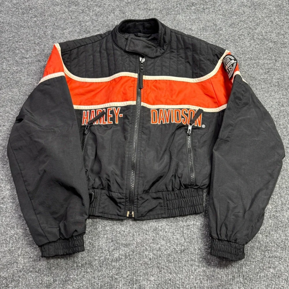 Harley Davidson Jacket Kids XS Black Orange Motorcycle Racing Full Zip Bomber